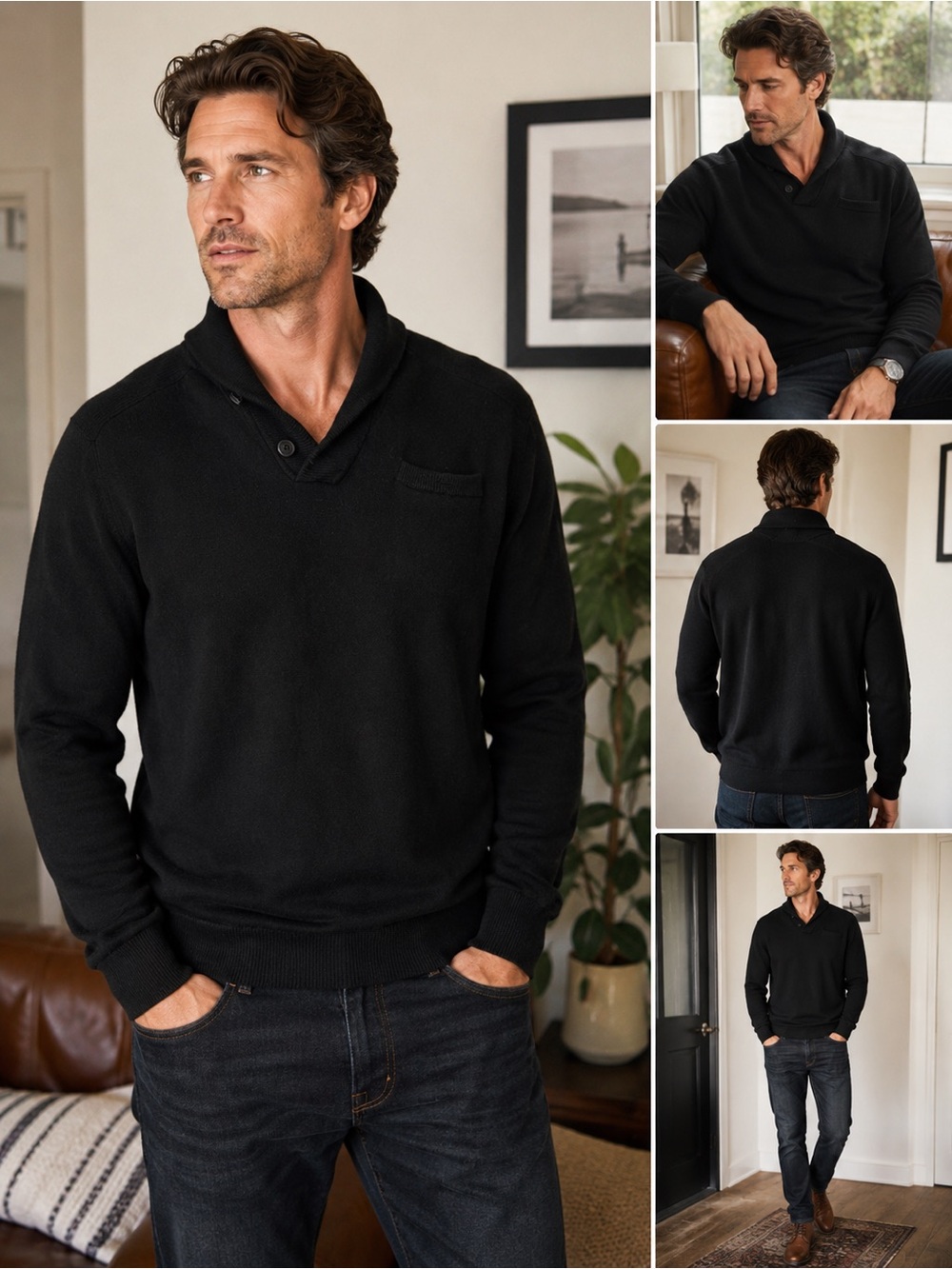 Axist Black V-Neck Shawl-Collar Men's Sweater with Chest Pocket